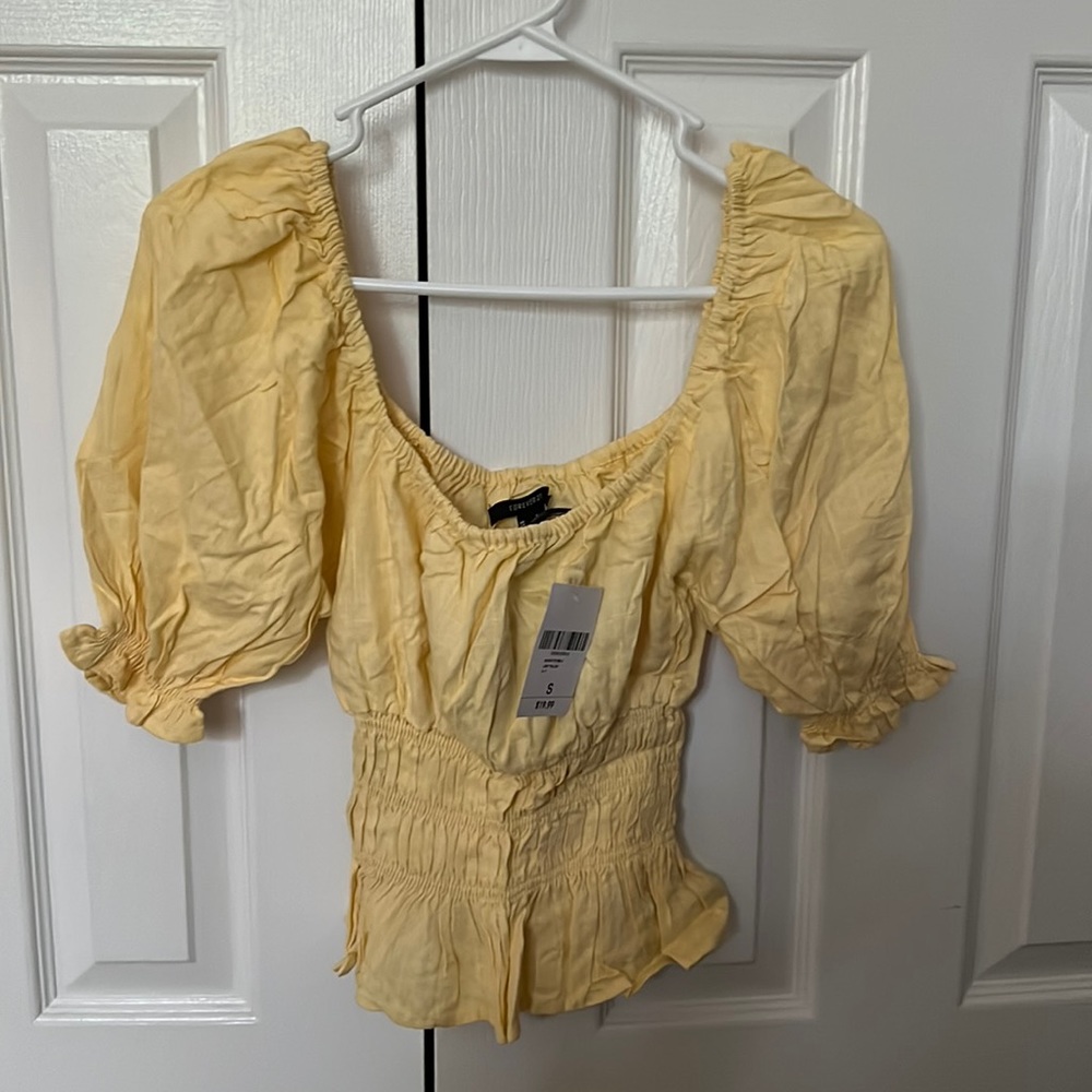 Forever21 puff sleeve wrinkled woven top yellow size small nwt